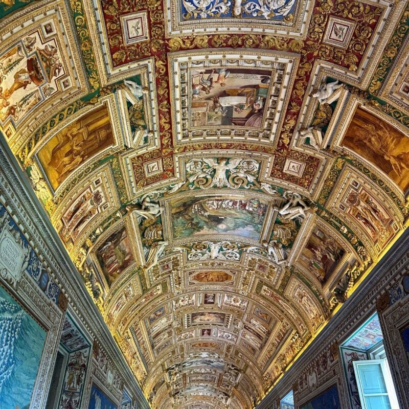 Ornate painted ceiling of the Gallery of Maps inside the Vatican Museums, Rome